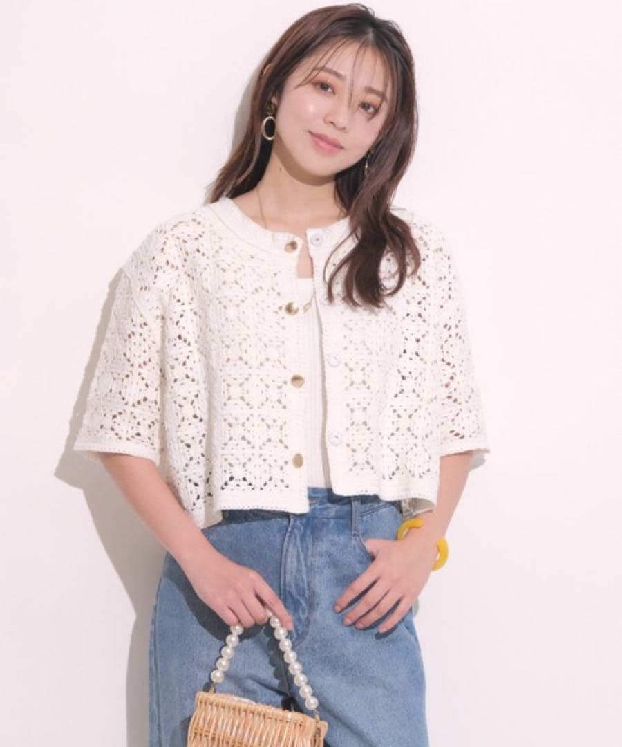 ジャスグリッティー 柄編みハーフスリーブニットジャケット　36