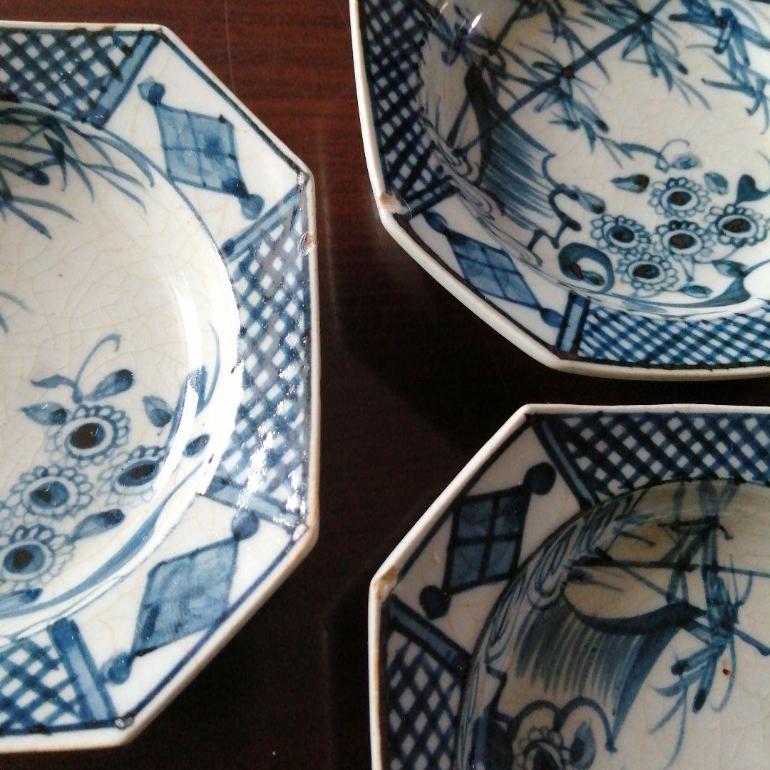 犬山焼　染付八角小皿　6枚　幕末〜明治期